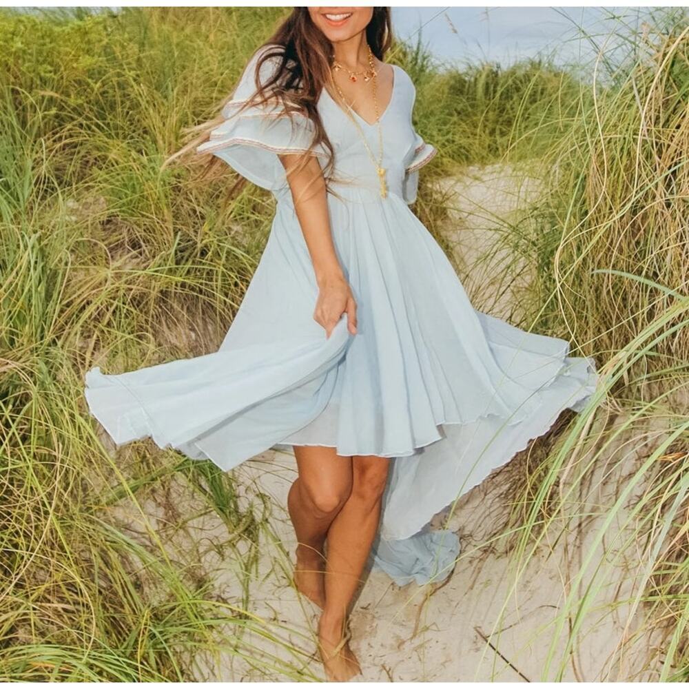 Pitusa Multi Flare Dress Sz XS Small Blue Arctic Ice Ruffle Beach Ethereal Boho